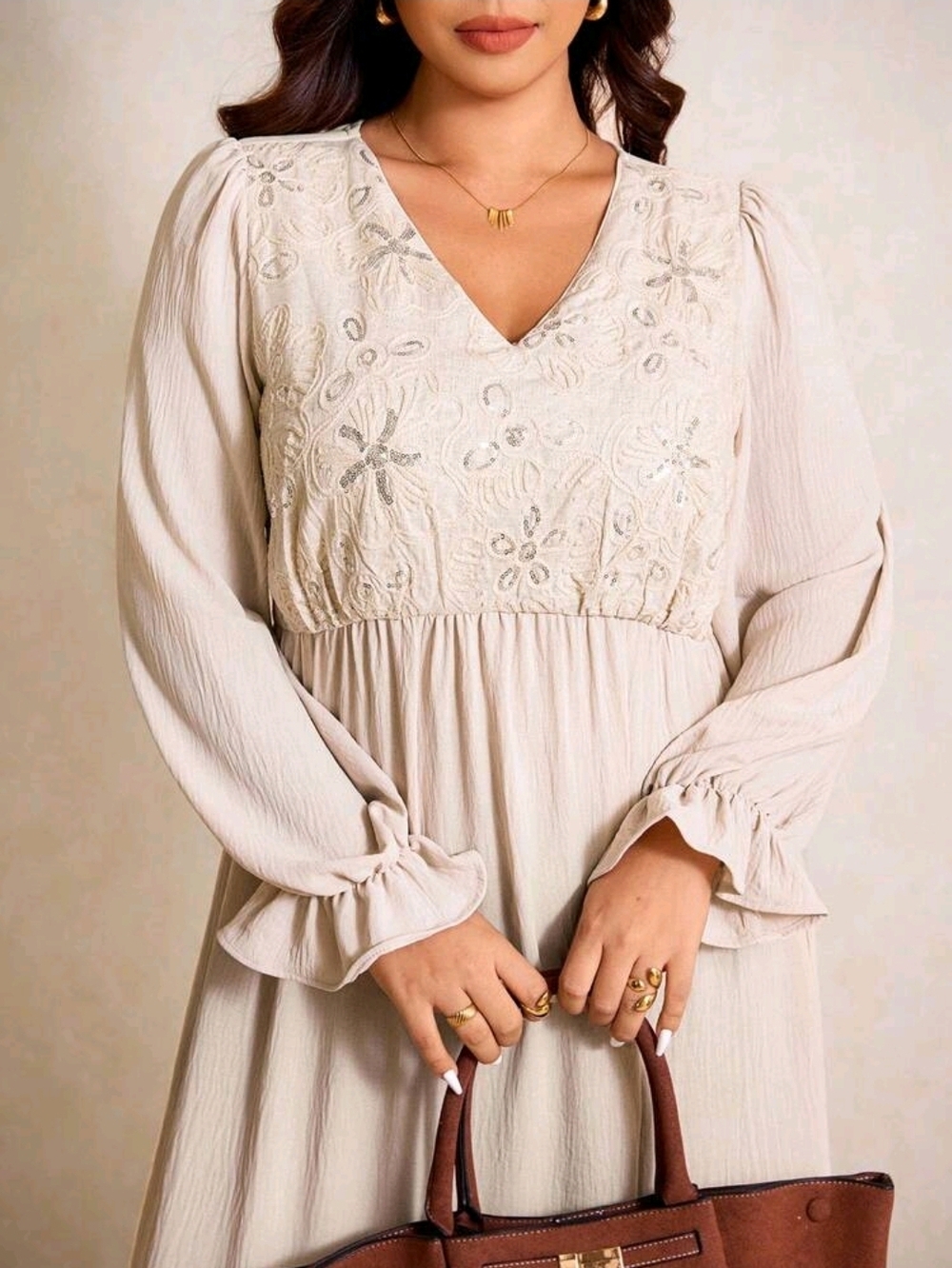 SHEIN Cream Embroidered V-Neck Long Sleeve Maxi Dress